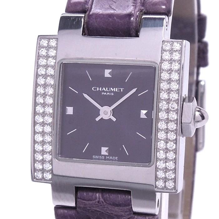 ショーメ スタイルカレ ダイヤ 革ベルト クォーツ ブラック レディース