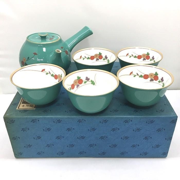 中古】香蘭社 急須＆湯呑セット 5客 花柄 グリーン 金彩[jggG  