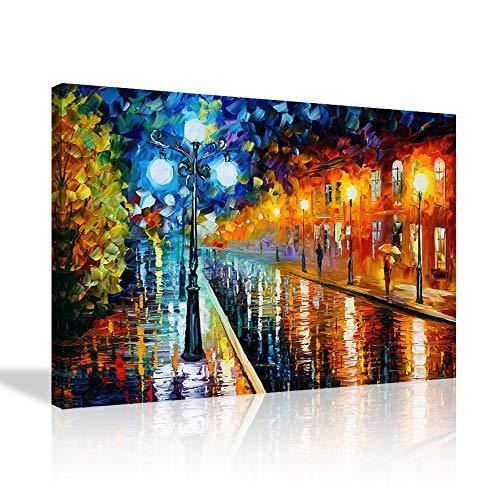 流行 カラフルな油絵の複製 Afremov ベラルーシの画家Leonid 夜の雨が降った街 アートパネル インテリア HDしゃ? 壁飾り オブジェ、置き物