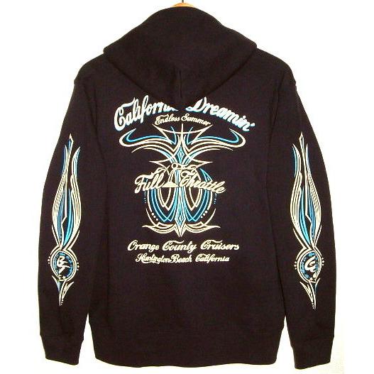 FULL THROTTLE フルスロットル 肉厚 コットン スウェット生地 フルジップ パーカー (紺) ピンストライプ ホットロッド バイカー ジャケット スエット メンズ