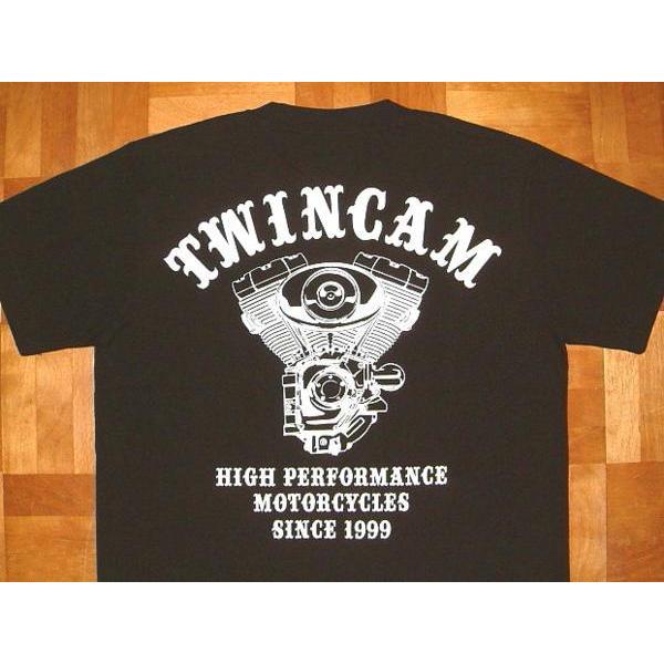 OUTLAW WORKS アウトローワークス Harley‐Davidson ハーレー ダビッドソン Vツイン エンジン柄 半袖 Tシャツ 【TWINCAM ツインカム】 黒 バイク｜junkhousewest