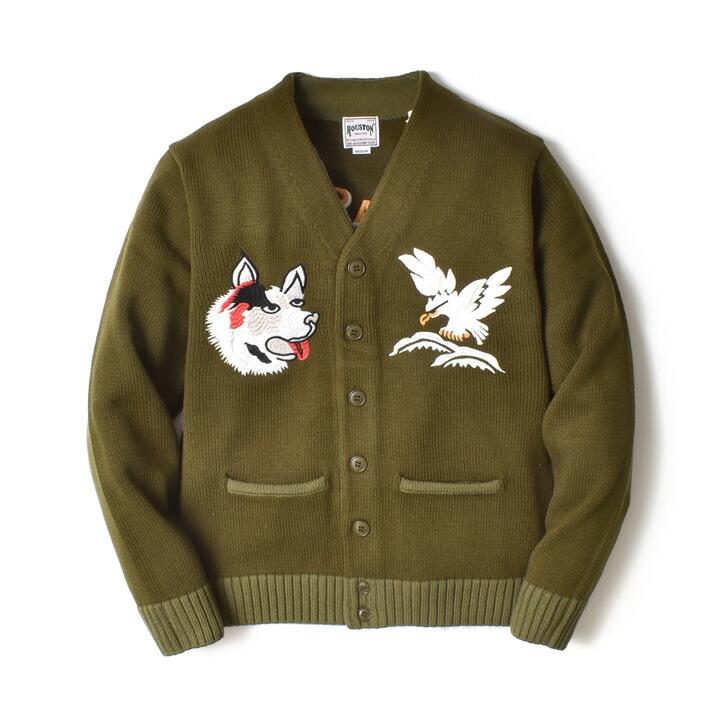 カーディガン メンズ 刺繍 アラスカ柄 厚手 和柄 アメカジ 春 ブランド カーキ ブラック 黒 | HOUSTON | 15