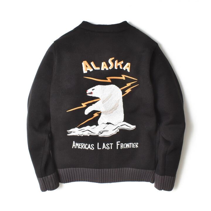 カーディガン メンズ 刺繍 アラスカ柄 厚手 和柄 アメカジ 春 ブランド カーキ ブラック 黒 | HOUSTON | 18