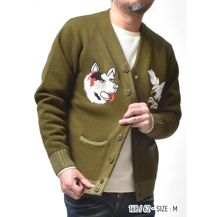 カーディガン メンズ 刺繍 アラスカ柄 厚手 和柄 アメカジ 春 ブランド カーキ ブラック 黒 | HOUSTON | 05