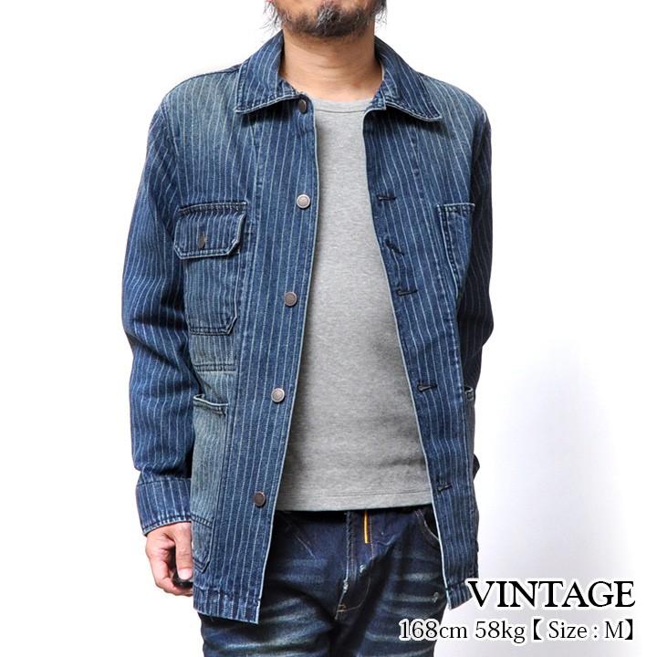 未使用HOUSTON ストライプカバーオール M ネイビー HOUSTON（ヒューストン） カバーオール メンズ デニムジャケット