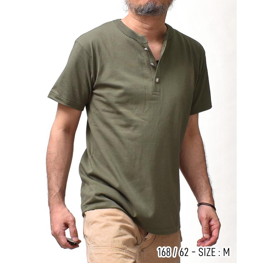 ヘンリーネック 半袖 Tシャツ メンズ 厚手 無地 カットソー トップス 