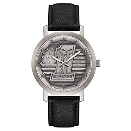数々の賞を受賞 ハーレーダビッドソン メンズ #1 スカル スター&ストライプ 腕時計 レザーストラップ付き 76A163 腕時計