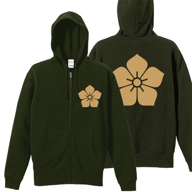 戦国武将 ジップアップパーカー 明智光秀 オリーブ S M L XL 家紋 桔梗 プリント色 キャメル | 