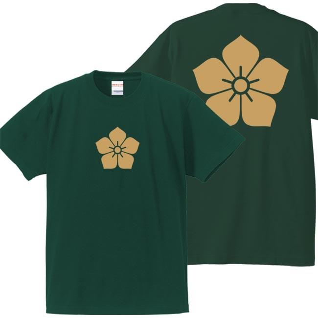 戦国武将Ｔシャツ 明智光秀 グリーン S M L XL 家紋 桔梗 プリント色 キャメル | 