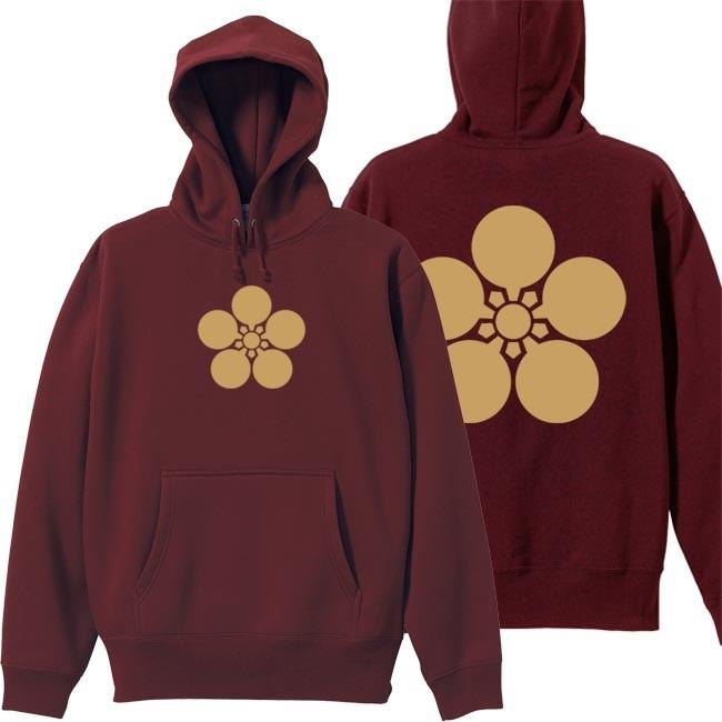 戦国武将 プルオーバーパーカー 前田利家 エンジ S M L XL 家紋 加賀梅鉢 プリント色 キャメル | 