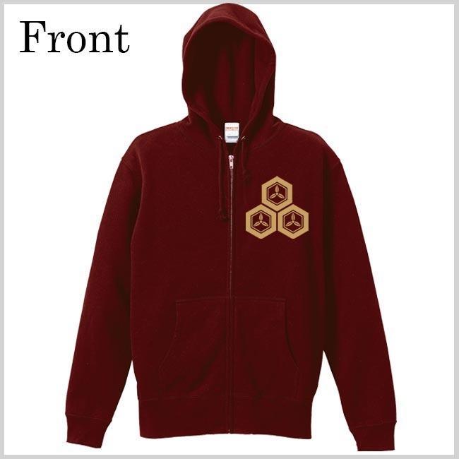 戦国武将 ジップアップパーカー 直江兼続 エンジ S M L XL 家紋 三つ盛亀甲に三つ葉  プリント色 キャメル |  | 01