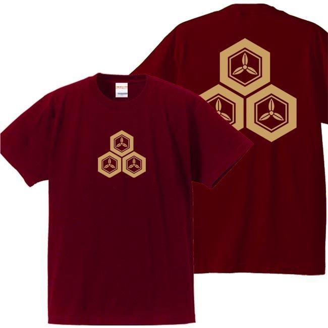 戦国武将Ｔシャツ 直江兼続 エンジ S M L XL 家紋 三つ盛亀甲に三つ葉 プリント色 キャメル | 