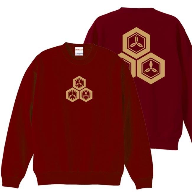 戦国武将 トレーナー 直江兼続 エンジ S M L XL 家紋 三つ盛亀甲に三つ葉 プリント色 キャメル | 