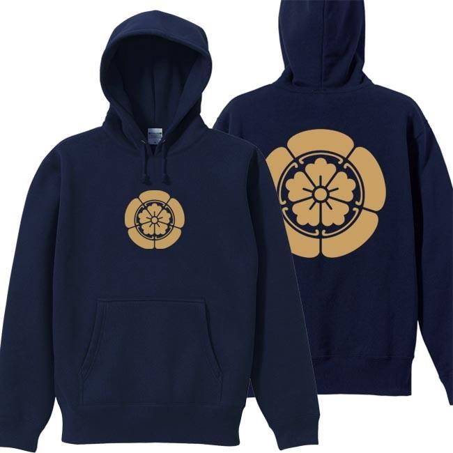 戦国武将 プルオーバーパーカー 織田信長 ネイビー S M L XL 家紋 織田木瓜 プリント色 キャメル | 