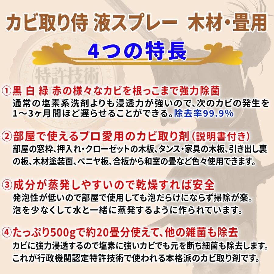 カビ カビ取り侍 液スプレー 500g 木材 畳用 部屋の木材 ベッド 押入れ 下駄箱 タンス 窓枠 ベニア板 和室畳 ソフトなカビ取りスプレー カビ取り剤 Kz Ls05t Kzls05t 純閃堂yahoo 店 通販 Yahoo ショッピング