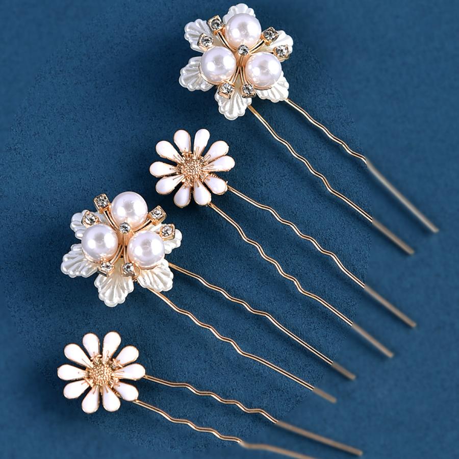 髪飾り 4点セット ヘアピン かんざし パール 白 花 結婚式 成人式 卒業