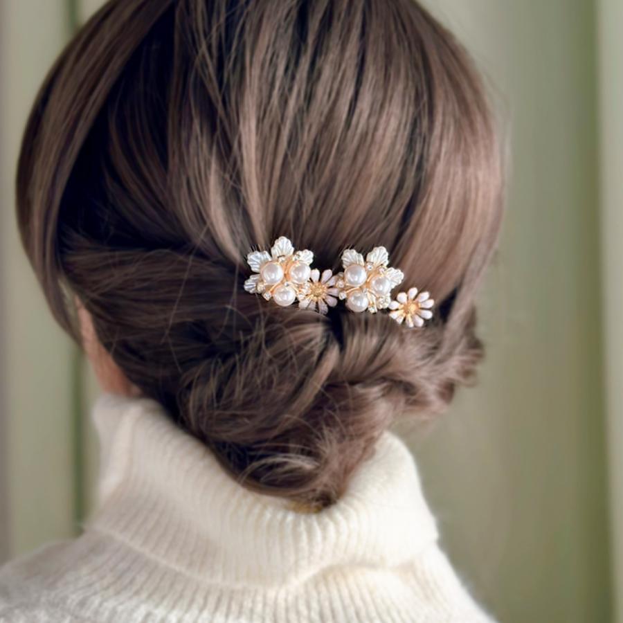 髪飾り 4点セット ヘアピン かんざし パール 白 花 結婚式 成人式 卒業