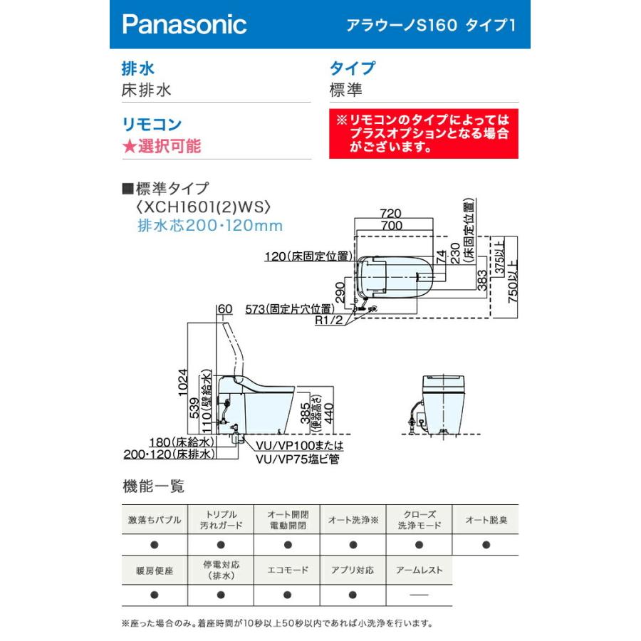 アラウーノ  S160 タイプ1 XCH1601W■ 床排水 標準タイプ タンクレストイレ シャワートイレ Panasonic 全自動おそうじトイレ｜jusetsuhills｜02