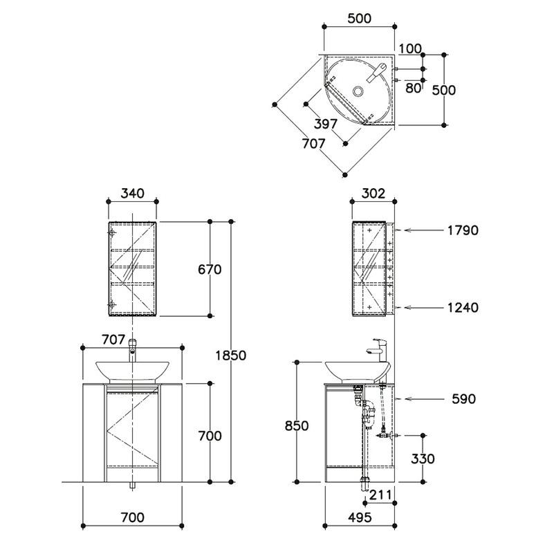 アサヒ衛陶 コーナー洗面化粧台 セット 1面鏡 500幅 50cm シングル