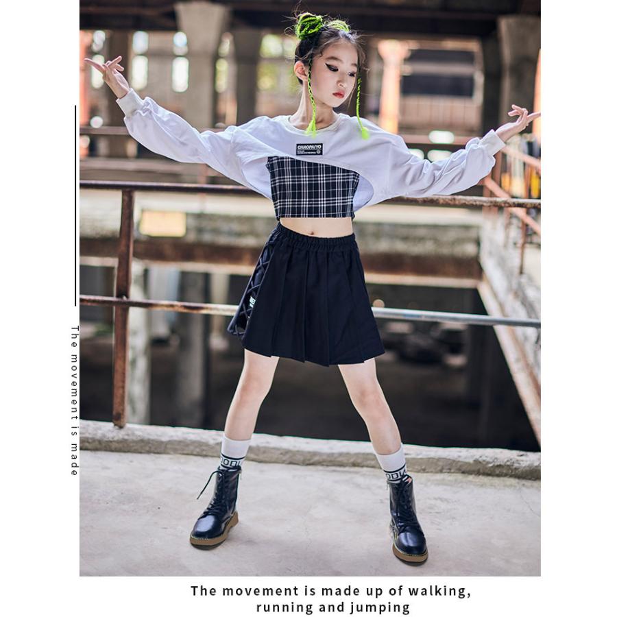 キッズ ダンス 衣装 セットアップ チェックシャツ スカート チュール 韓国 短納期 ジャズ ダンス衣装 ヒップホップ K-POP ファッション  チェック柄 肩出し 小学生 中学生 高校生 120-160CM 激安通販販売