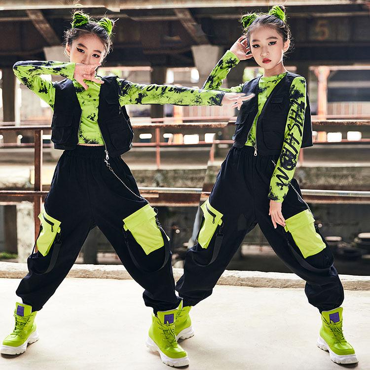 ダンス 衣装 キッズ 韓国 ガールズ 緑 黒 ベスト パンツ ジャズダンス へそ出し ヒップホップ 応援団 HIPHOP 練習着 舞台服 発表会 人気  おしゃれ 贈答