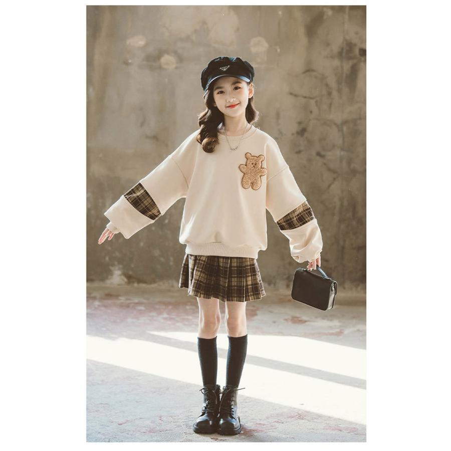 子供服 セットアップ 女の子 長袖 春秋 秋着 上下セット 韓国子供服 キッズ ジュニア トップス 丸首 スカート 膝上丈 可愛い おしゃれ 通学着 新品 中古