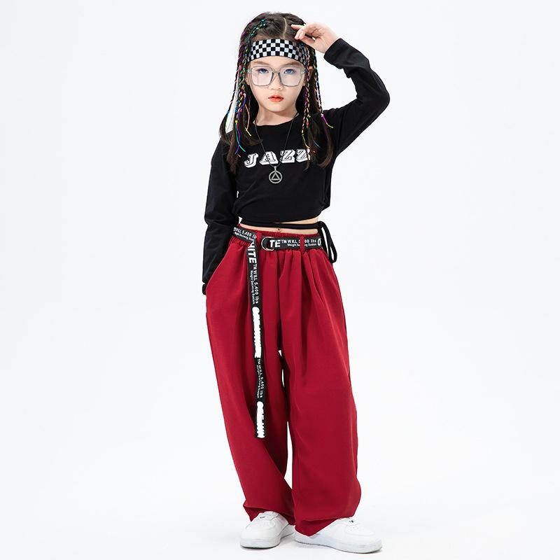 キッズ ダンス衣装 女の子 へそ出し Tシャツ チビシャツ 長袖 黒 ブラック ロングパンツ ワイドパンツ 赤 レッド ゆるパンツ ダンスウエア ステージ衣装｜just-for-you｜03