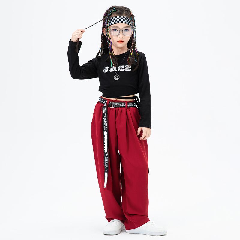 キッズ ダンス衣装 女の子 へそ出し Tシャツ チビシャツ 長袖 黒 ブラック ロングパンツ ワイドパンツ 赤 レッド ゆるパンツ ダンスウエア ステージ衣装｜just-for-you｜04