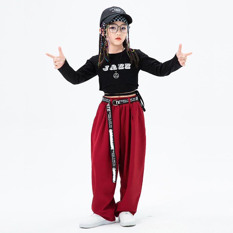 キッズ ダンス衣装 女の子 へそ出し Tシャツ チビシャツ 長袖 黒 ブラック ロングパンツ ワイドパンツ 赤 レッド ゆるパンツ ダンスウエア ステージ衣装｜just-for-you｜06