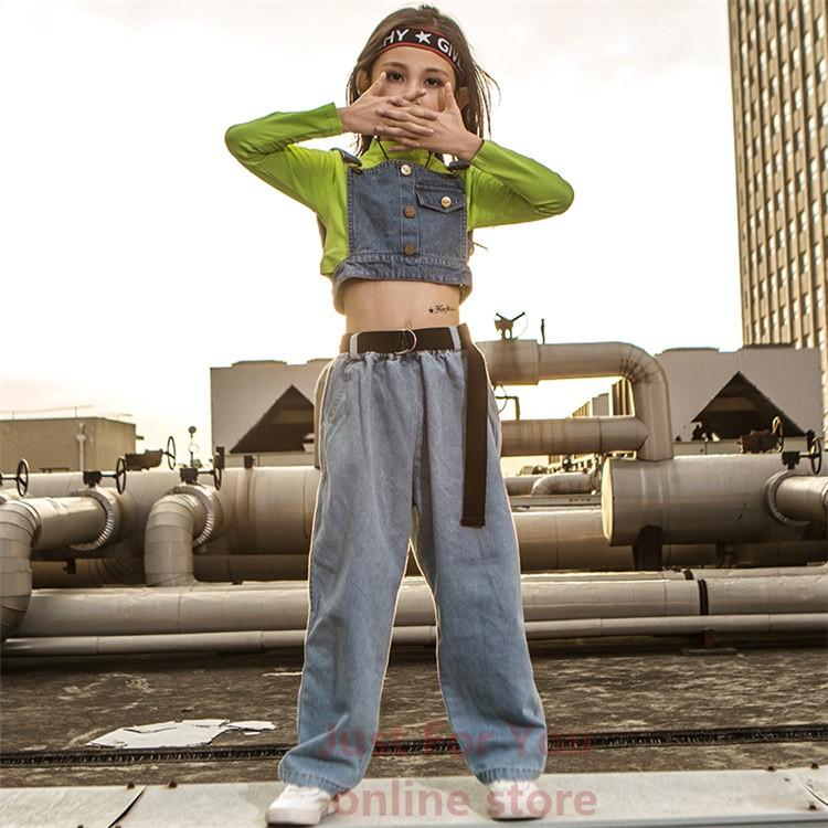 キッズ ダンス 衣装 キッズダンス衣装 ヒップホップ Hiphop 子供 タンクトップ 蛍光緑 シャツ へそ出し デニムパンツ ジーンズ 女の子 ジャズ ダンス大会 競技 Rge 1673 Just For You Online Store 通販 Yahoo ショッピング
