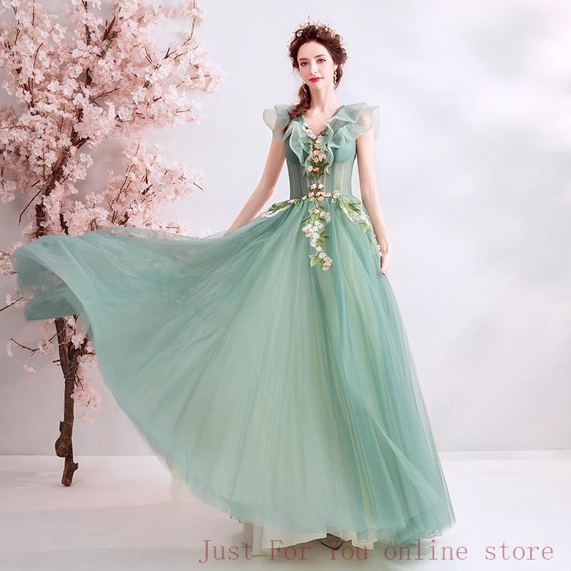パーティードレス マキシ丈 結婚式ドレス ウェディングドレス ロング丈 二次会ドレス 緑 ロングドレス Vネック ゲストドレス 透け感 花びら刺繍 大きいサイズ Rge 304 Just For You Online Store 通販 Yahoo ショッピング