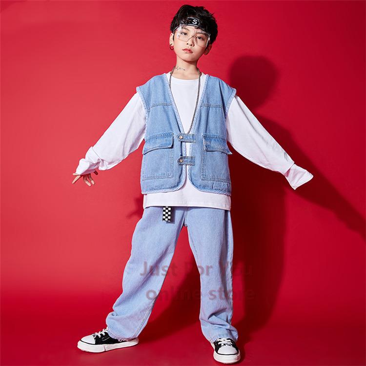 蔵 キッズダンス衣装 かっこいい ヒップホップ レッスン着 キッズ ダンス 衣装 子供服 夏 男女兼用 ベスト デニムパンツ ガールズ K Pop 韓国 Materialworldblog Com