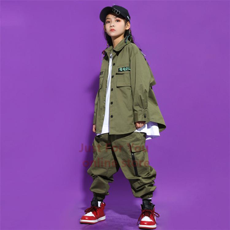 年間定番 キッズダンス衣装 ヒップホップ キッズ ダンス 衣装 子供服 かっこいい 演出服 舞台服 トップス カーゴパンツ カーキ ガールズ 男の子 ダンスウェア Materialworldblog Com