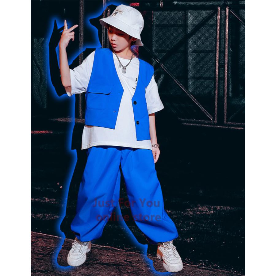 キッズ ダンス 衣装 かっこいい ヒップホップ レッスン着 バーゲンセール 子供服 夏 男女兼用 ファッション 無地 青 サルエルパンツ ベスト K Pop 韓国 ガールズ