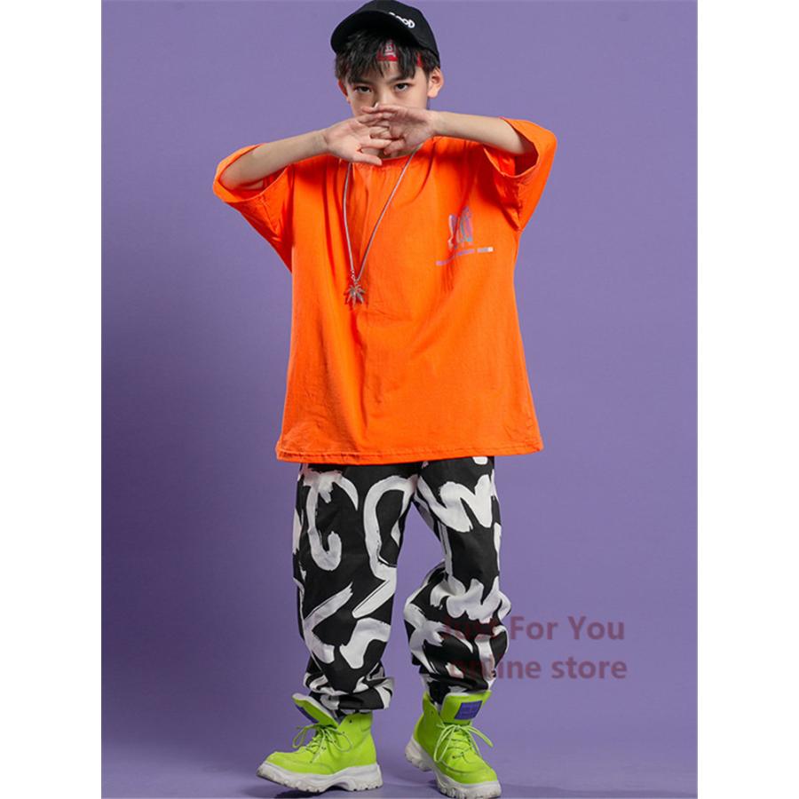 キッズダンス衣装 ヒップホップ Hiphop K Pop衣装 激安通販の 橙シャツ パンツ 子供 ガールズ トップス カーゴパンツ 女の子 緑シャツ 男の子 かっこいい