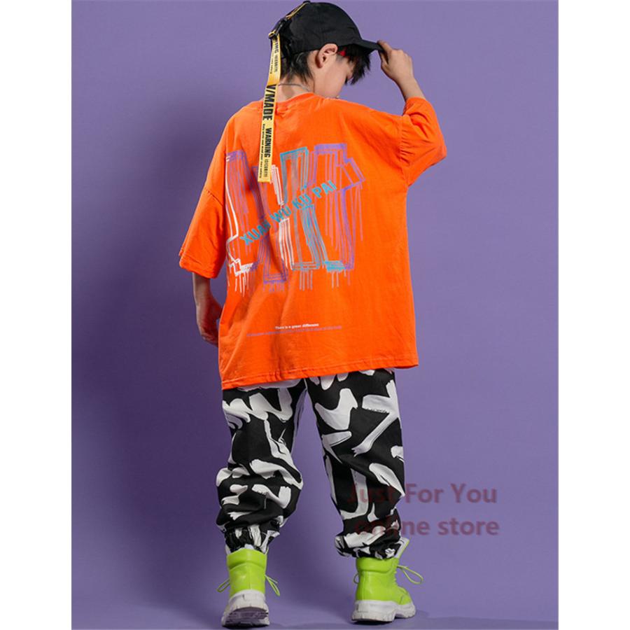 キッズダンス衣装 ヒップホップ Hiphop K Pop衣装 激安通販の 橙シャツ パンツ 子供 ガールズ トップス カーゴパンツ 女の子 緑シャツ 男の子 かっこいい