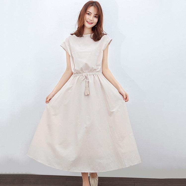 ワンピース レディース 夏 マキシ 半袖 綿麻 裏地付き 無地 Aライン