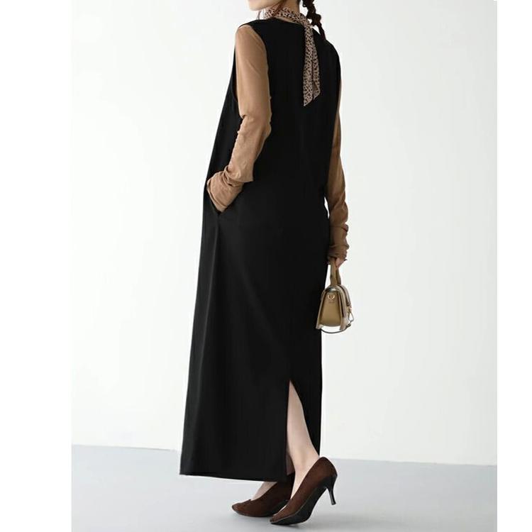 ジャンスカ Vネック ロング ノースリーブ ワンピース ジャンパースカート 深Vネック レディース ポケット付き 20代30代40代