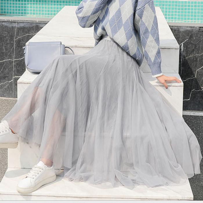 チュールスカート ロング 秋 春 20代30代40代 3層 ミモレ丈 ロング丈