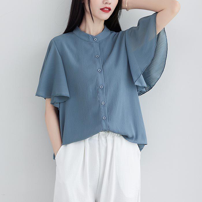 シャツブラウス レディース フリル袖 トップス 夏 半袖 ボタン 40代 50
