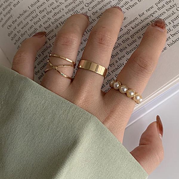 指輪 レディース リング 4点セット パール X型 平打ち ワイドリング 極細 ゴールド シンプル 重ね付け 組み合わせ自由 おしゃれ |  | 03