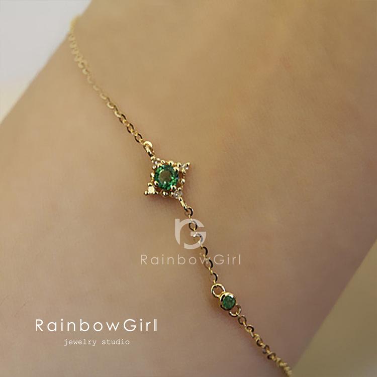 ブレスレット レディース  エメラルド カラー/極細 チェーン 重ね付け/上品 ゴールド 14金 プレゼント 彼女 妻 娘 女性 人気 母の日の画像