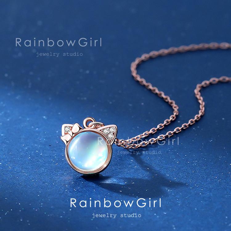 RainbowGirl 猫ネックレス レディース ねこ 可愛い ムーンストーン 6月