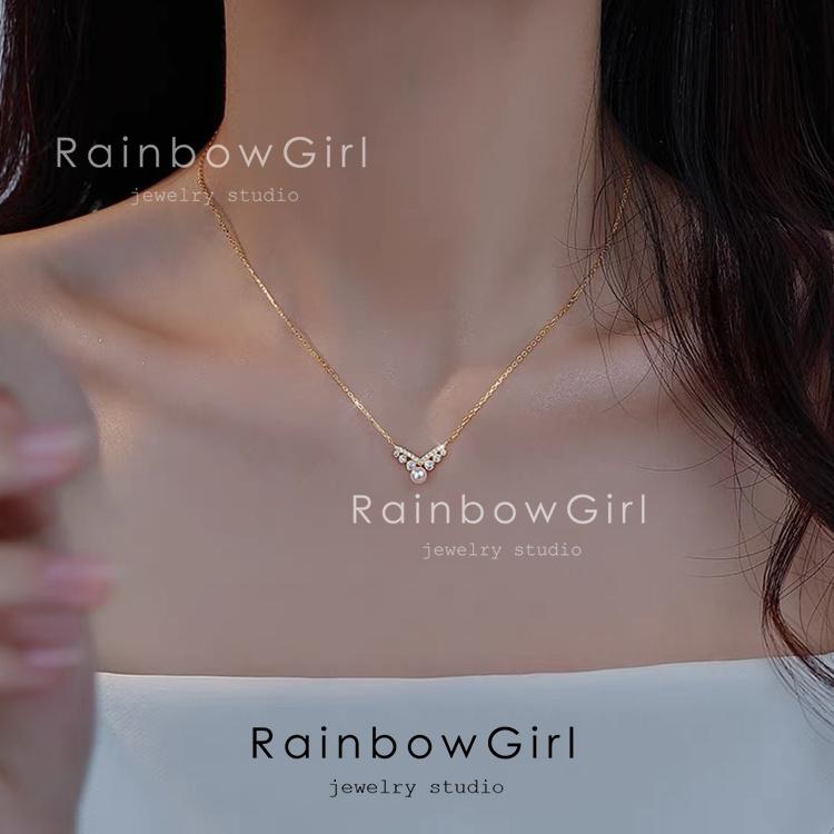 RainbowGirl ネックレス レディース パール V字 CZダイヤ シルバー