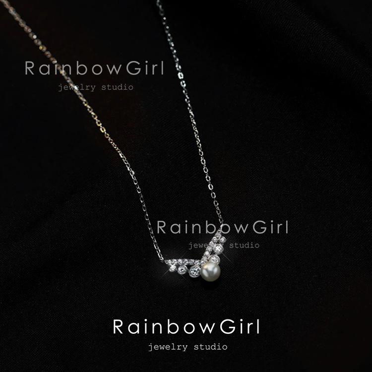 RainbowGirl ネックレス レディース パール V字 CZダイヤ シルバー