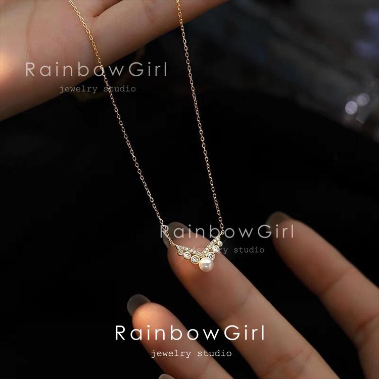 RainbowGirl ネックレス レディース パール V字 CZダイヤ シルバー