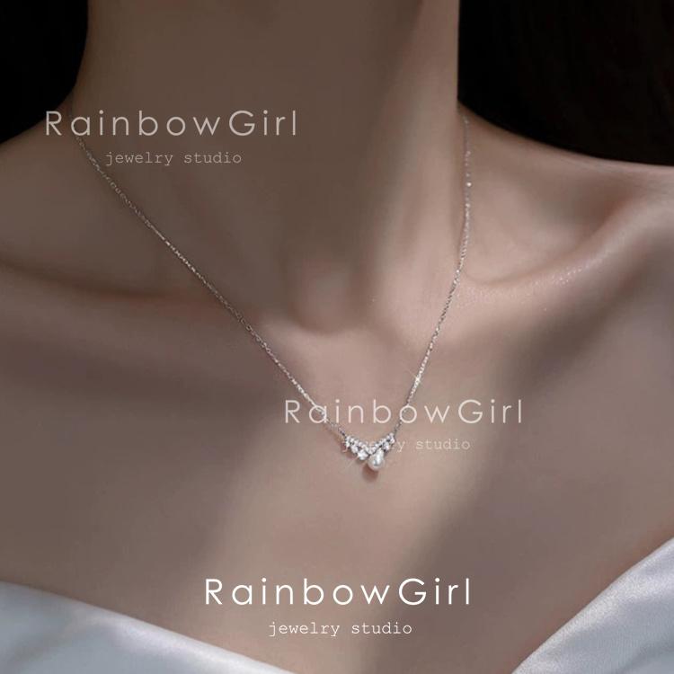RainbowGirl ネックレス レディース パール V字 CZダイヤ シルバー