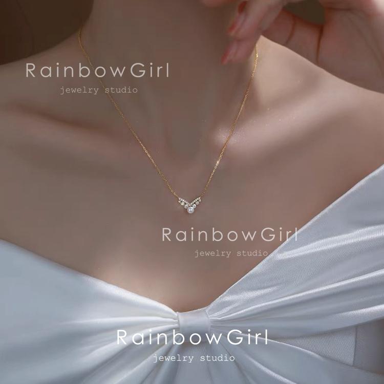 RainbowGirl ネックレス レディース パール V字 CZダイヤ シルバー