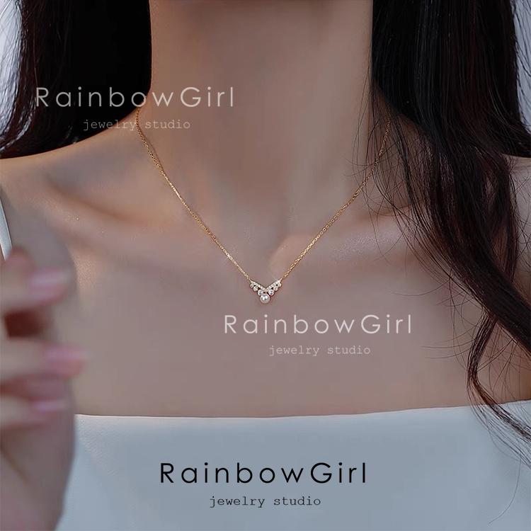 ネックレス レディース パール V字 CZダイヤ シルバー シンプル 重ね  