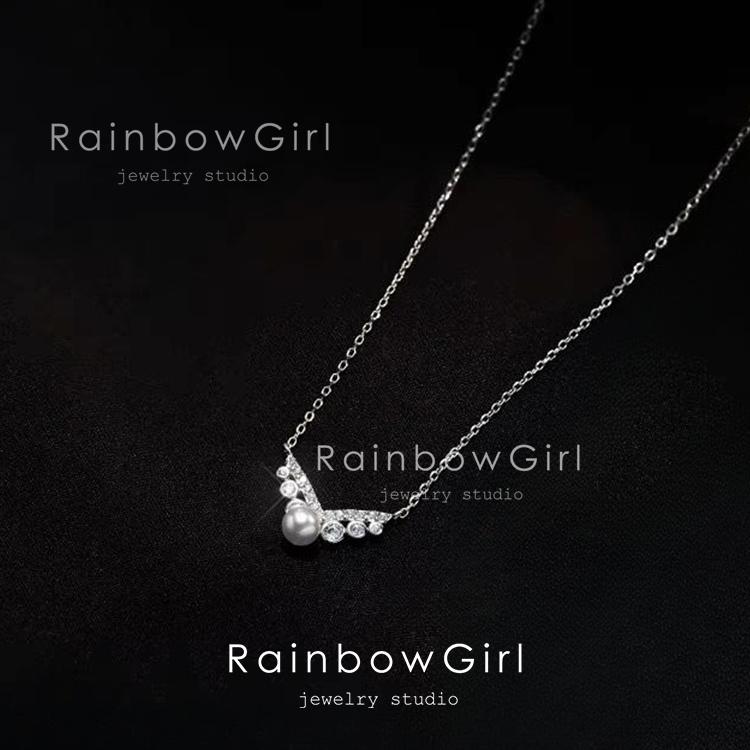 RainbowGirl ネックレス レディース パール V字 CZダイヤ シルバー
